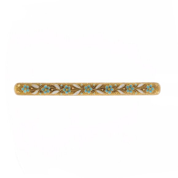 Yellow Gold Edwardian Flower Garland Bar Brooch - 14k Antique Enamel Pin